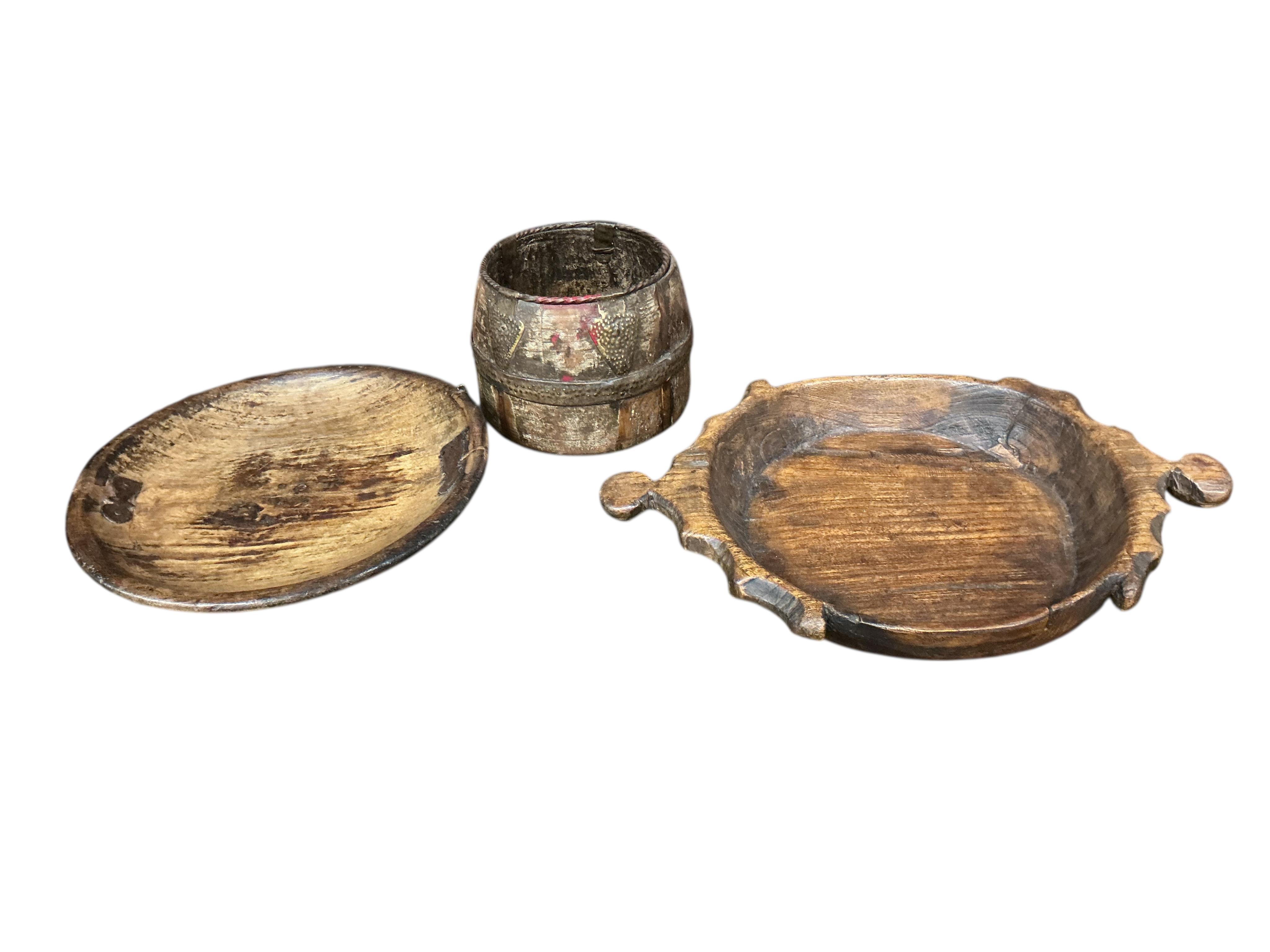 Two Indian carved hardwood bowls and a small iron bound tub, largest width 50cm, depth 34cm